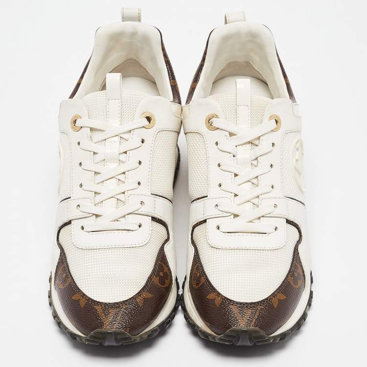 Pre Owned Louis Vuitton White/Brown Monogram Canvas and Leather Run Away Sneakers Size 39
