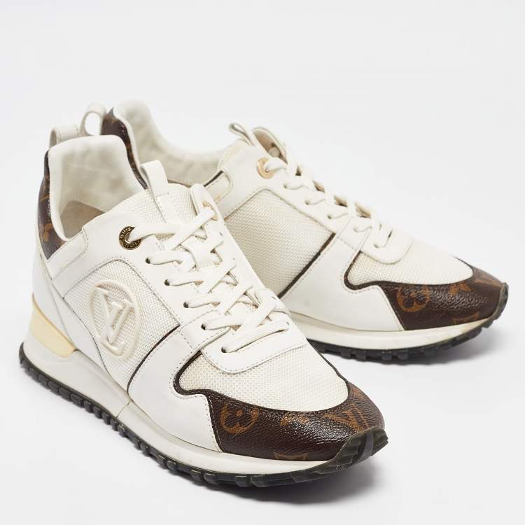 Pre Owned Louis Vuitton White/Brown Monogram Canvas and Leather Run Away Sneakers Size 39