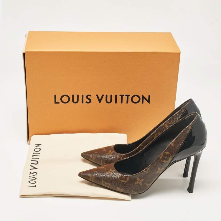 Pre Owned Louis Vuitton Black Monogram Canvas and Patent Leather Chérie Pumps Size 37.5
