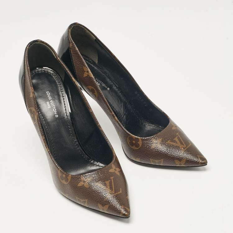 Pre Owned Louis Vuitton Black Monogram Canvas and Patent Leather Chérie Pumps Size 37.5