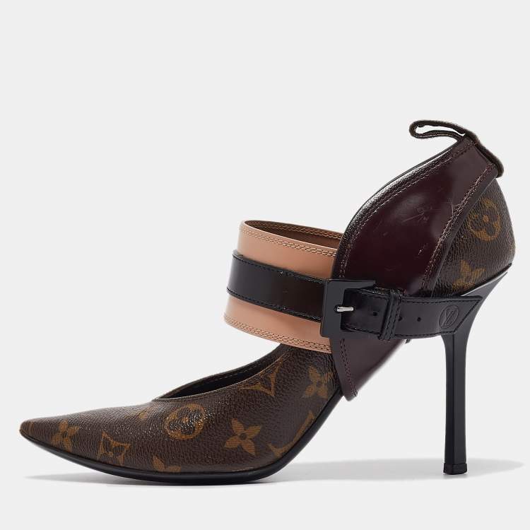 Pre Owned Louis Vuitton Brown Monogram Canvas and Leather Pointed Toe Pumps Size 38
