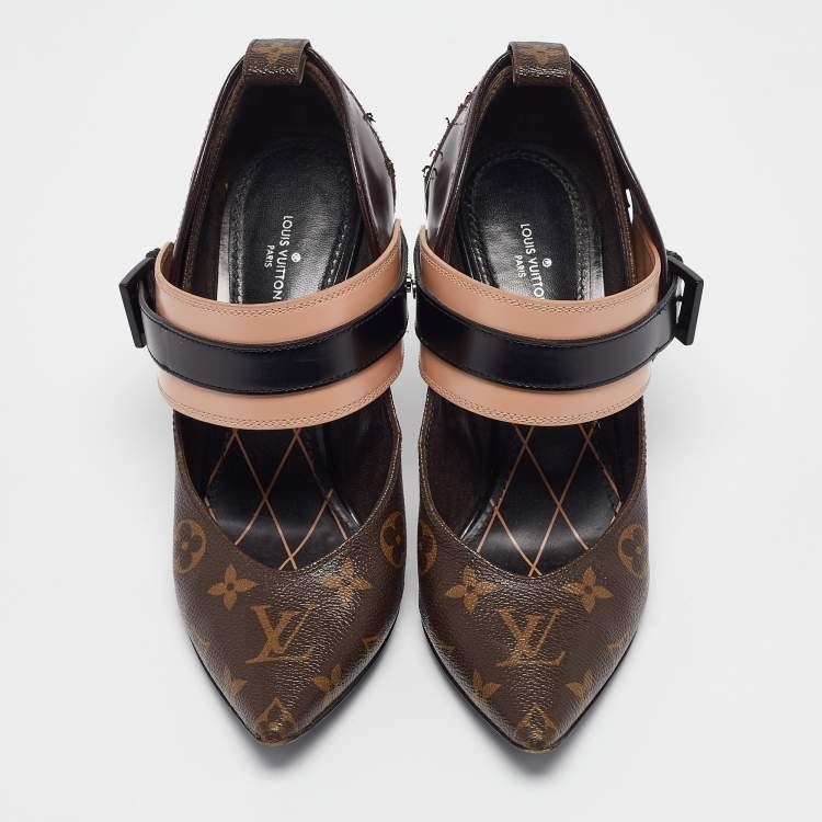 Pre Owned Louis Vuitton Brown Monogram Canvas and Leather Pointed Toe Pumps Size 38