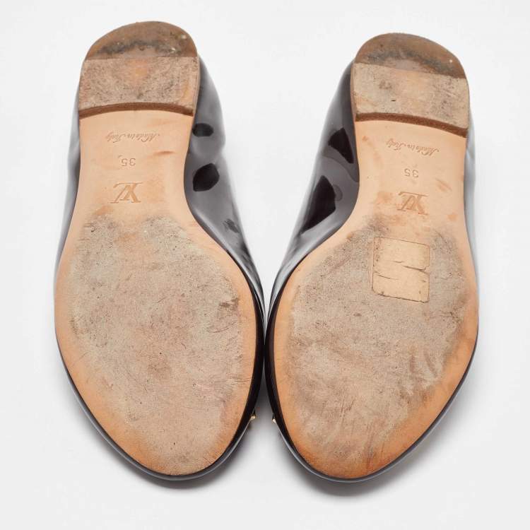 Pre Owned Louis Vuitton Amarante Vernis and Damier Ebene Canvas Logo Ballet Flats Size 35