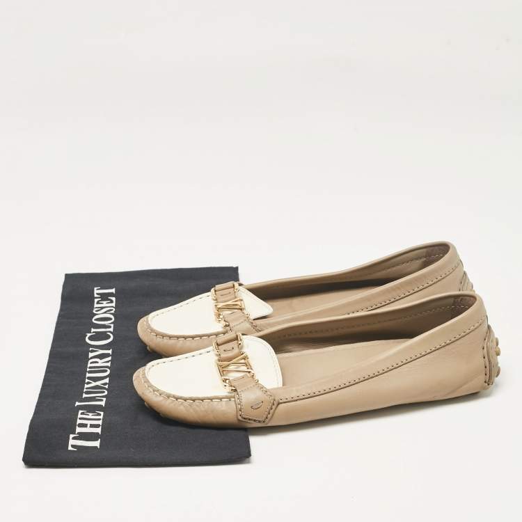 Pre Owned Louis Vuitton Beige/White Leather Oxford Loafers Size 39