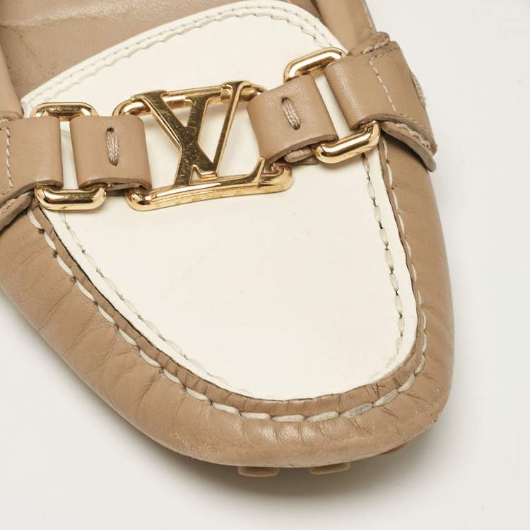 Pre Owned Louis Vuitton Beige/White Leather Oxford Loafers Size 39