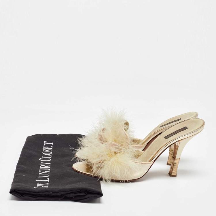 Pre Owned Louis Vuitton Cream Satin and Ostrich Feather Bow Slide Sandals Size 38