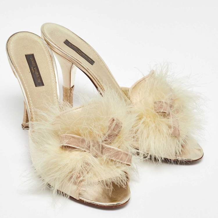 Pre Owned Louis Vuitton Cream Satin and Ostrich Feather Bow Slide Sandals Size 38