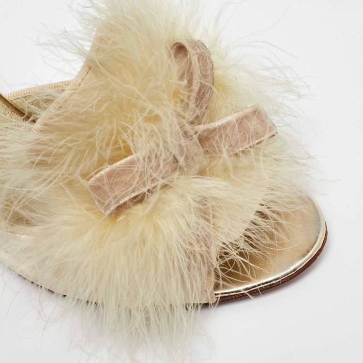 Pre Owned Louis Vuitton Cream Satin and Ostrich Feather Bow Slide Sandals Size 38