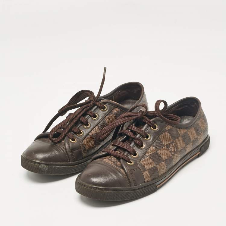Pre Owned Louis Vuitton Brown Monogram Canvas and Leather Lace Up Sneakers Size 35