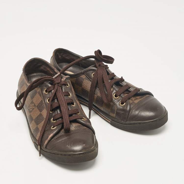 Pre Owned Louis Vuitton Brown Monogram Canvas and Leather Lace Up Sneakers Size 35