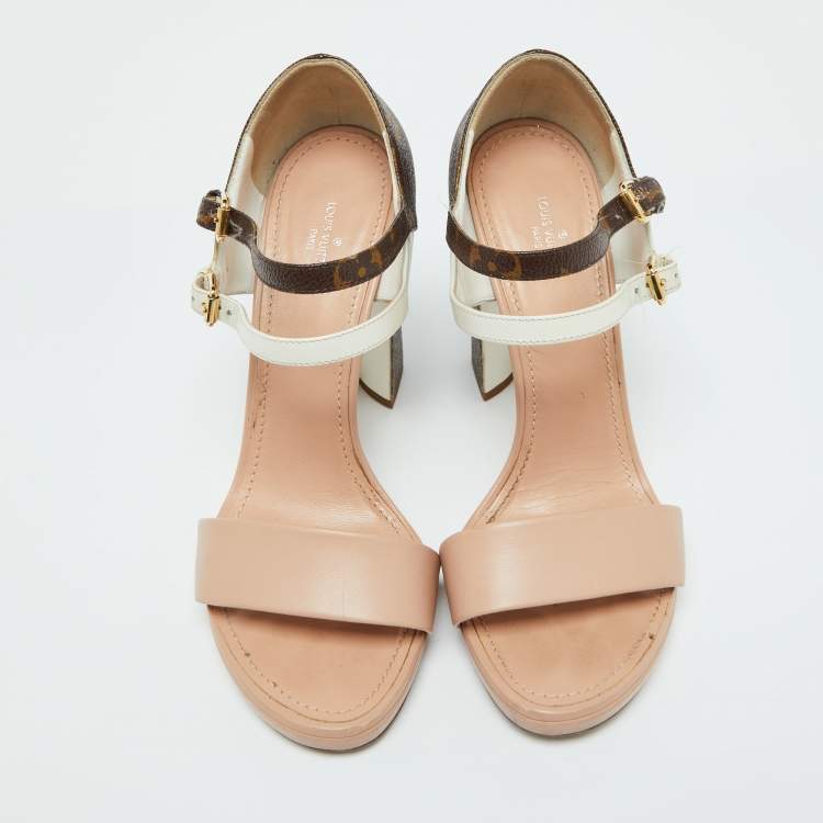Pre Owned Louis Vuitton Tri Color Monogram Canvas and Leather Double Strap Sandals Size 38