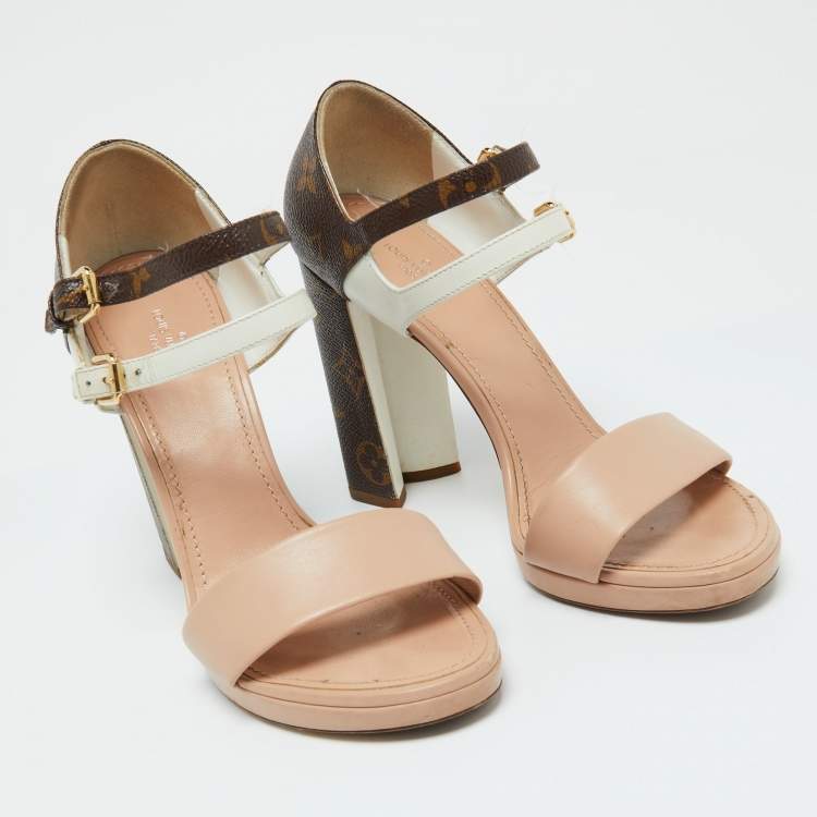 Pre Owned Louis Vuitton Tri Color Monogram Canvas and Leather Double Strap Sandals Size 38
