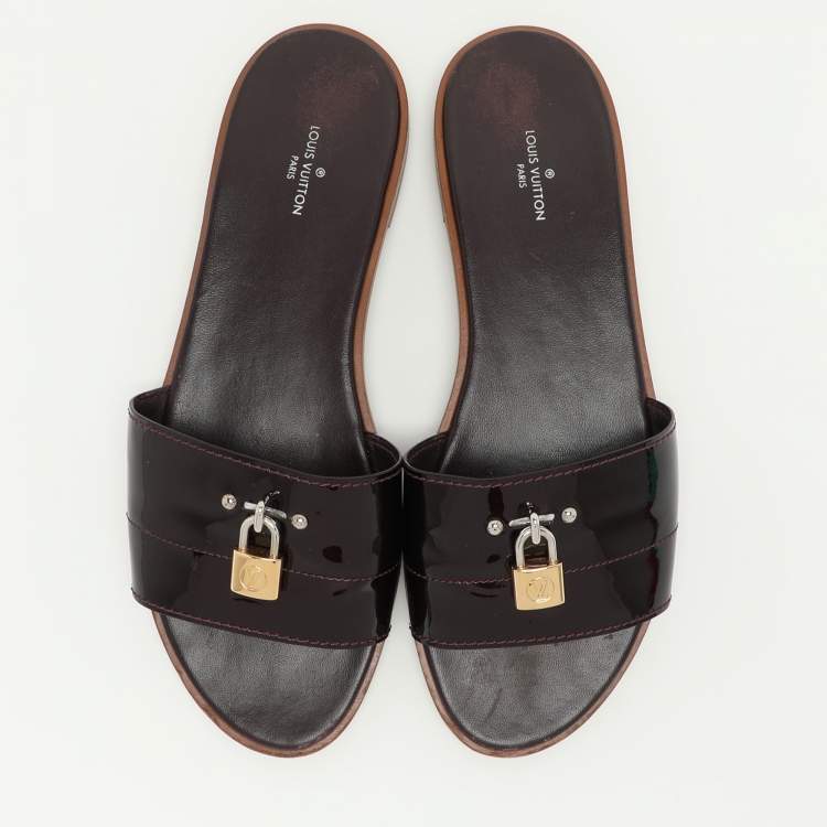 Pre Owned Louis Vuitton Burgundy Patent Leather Lock It Flat Slides Size 39