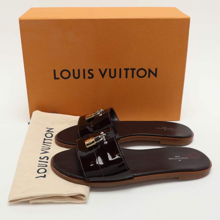 Pre Owned Louis Vuitton Burgundy Patent Leather Lock It Flat Slides Size 39