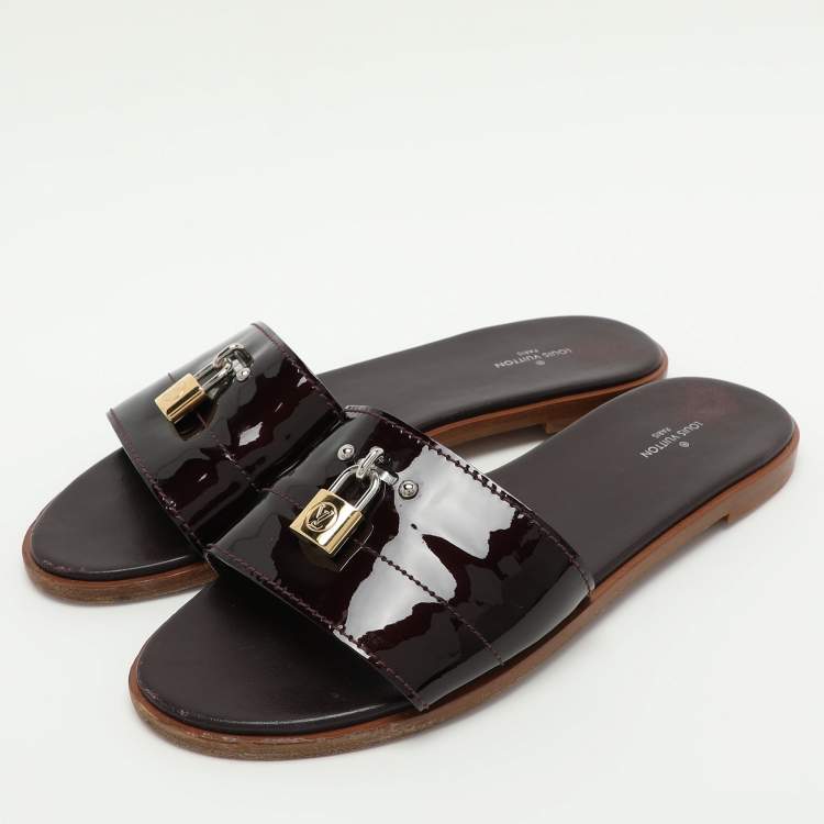 Pre Owned Louis Vuitton Burgundy Patent Leather Lock It Flat Slides Size 39