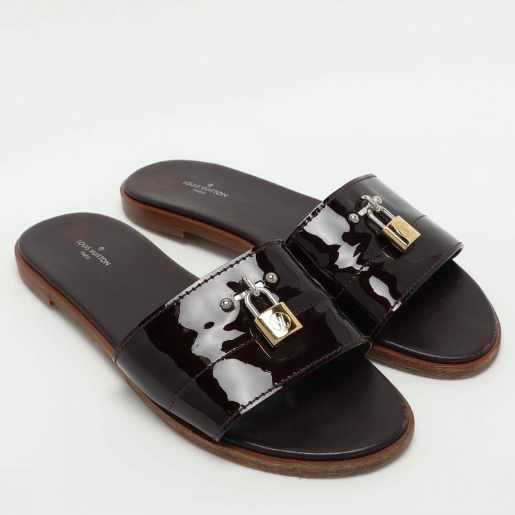 Pre Owned Louis Vuitton Burgundy Patent Leather Lock It Flat Slides Size 39