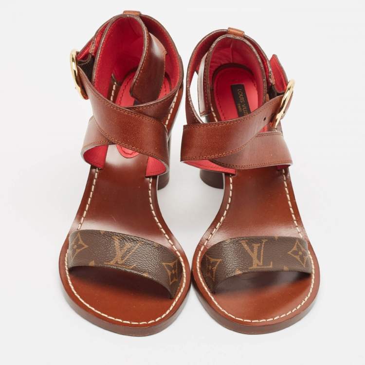 Pre Owned Louis Vuitton Brown Monogram Canvas and Leather Ocean Drive Sandals Size 37.5