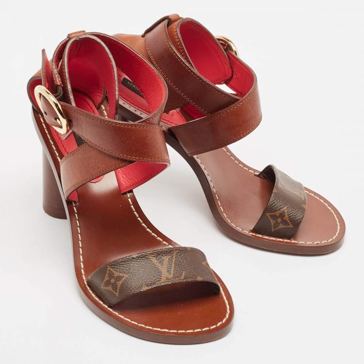 Pre Owned Louis Vuitton Brown Monogram Canvas and Leather Ocean Drive Sandals Size 37.5