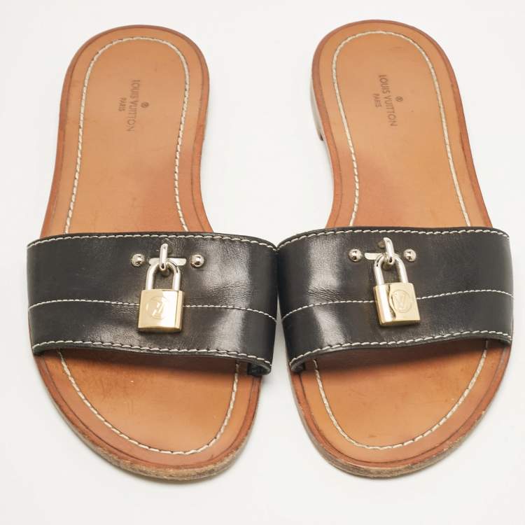 Pre Owned Louis Vuitton Black Leather Lock It Slide Flats Size 37