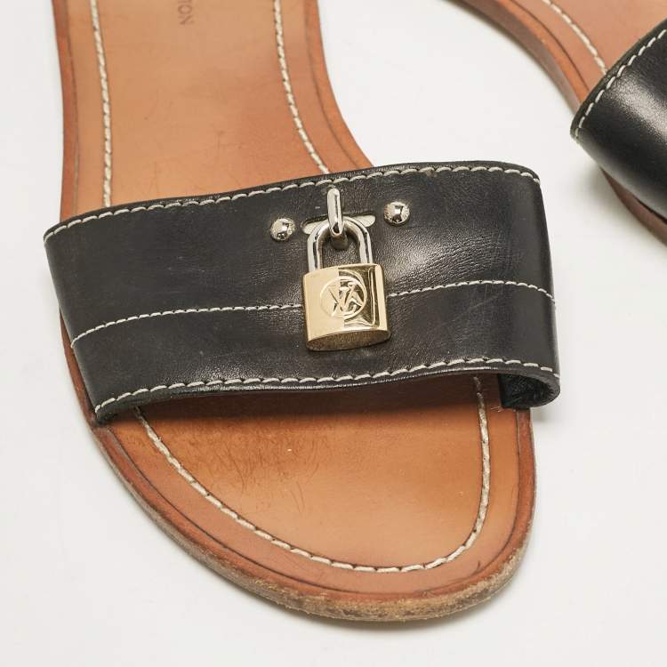 Pre Owned Louis Vuitton Black Leather Lock It Slide Flats Size 37