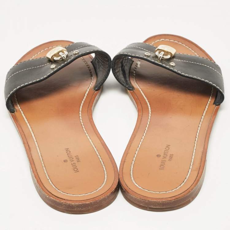 Pre Owned Louis Vuitton Black Leather Lock It Slide Flats Size 37