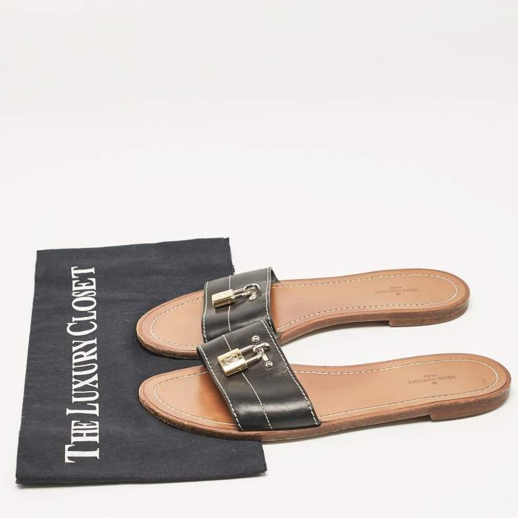 Pre Owned Louis Vuitton Black Leather Lock It Slide Flats Size 37