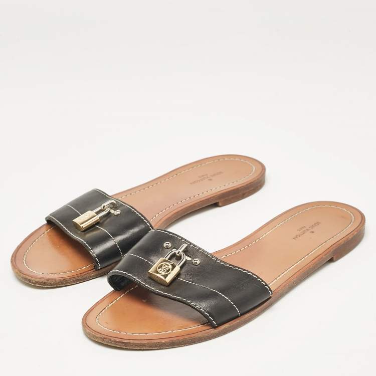 Pre Owned Louis Vuitton Black Leather Lock It Slide Flats Size 37