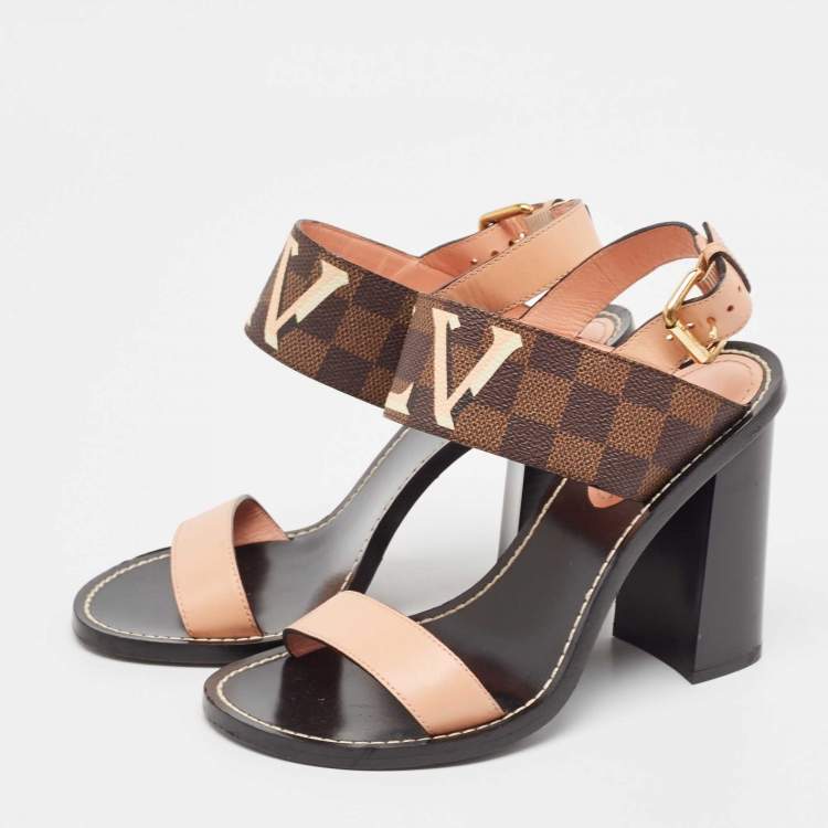 Pre Owned Louis Vuitton Beige/Brown Monogram Canvas and Leather Passenger Ankle Strap Sandals Size 38