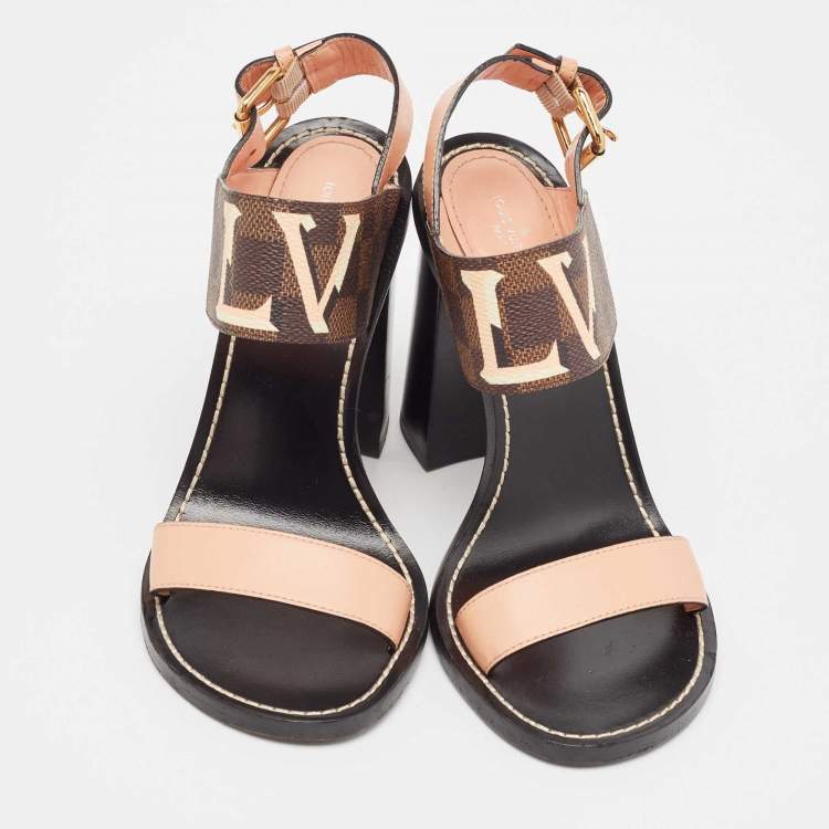 Pre Owned Louis Vuitton Beige/Brown Monogram Canvas and Leather Passenger Ankle Strap Sandals Size 38