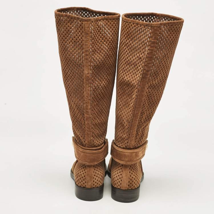 Pre Owned Louis Vuitton Brown Suede Knee Length Boots Size 37