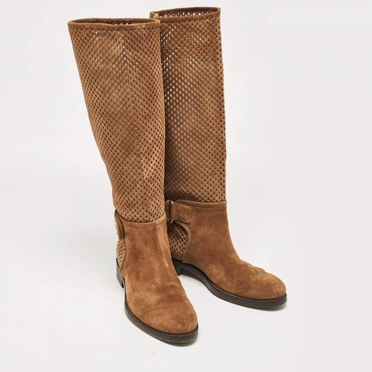 Pre Owned Louis Vuitton Brown Suede Knee Length Boots Size 37