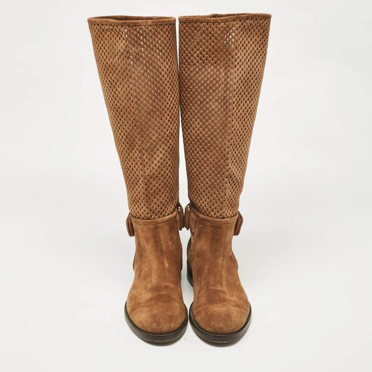 Pre Owned Louis Vuitton Brown Suede Knee Length Boots Size 37