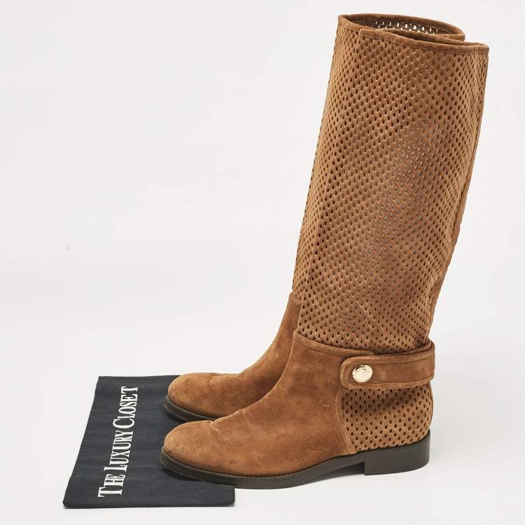 Pre Owned Louis Vuitton Brown Suede Knee Length Boots Size 37