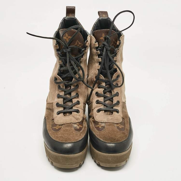 مملوكة مسبقًا Louis Vuitton Beige Suede and Monogram Canvas Laureate Desert Boots Size 39.5