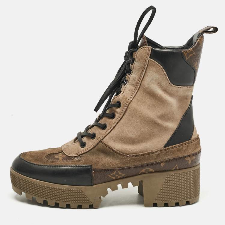 مملوكة مسبقًا Louis Vuitton Beige Suede and Monogram Canvas Laureate Desert Boots Size 39.5