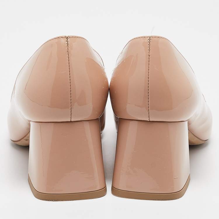 Pre Owned Louis Vuitton Beige Patent Leather Block Heel Pumps Size 37