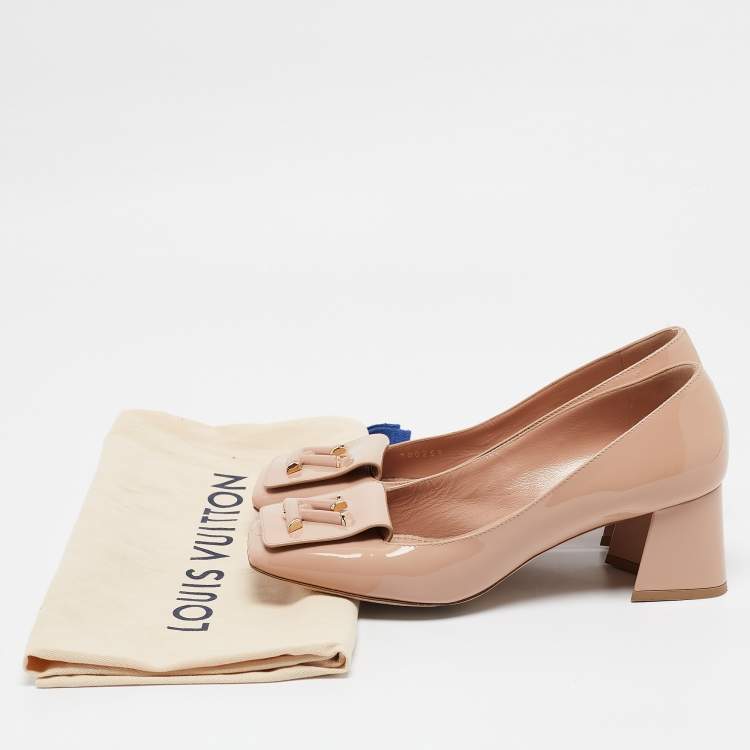 Pre Owned Louis Vuitton Beige Patent Leather Block Heel Pumps Size 37