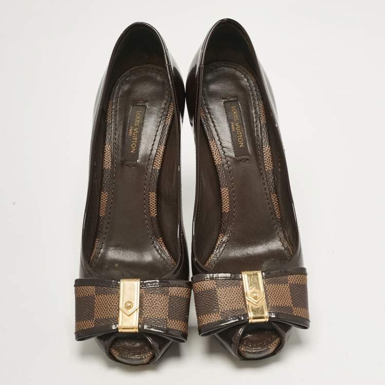 Pre Owned Louis Vuitton Burgundy Patent Leather Valentine Peep Toe Pumps Size 37