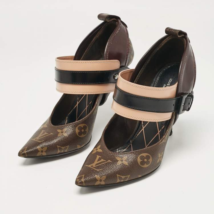 Pre Owned Louis Vuitton Brown Monogram Canvas and Leather Pointed Toe Pumps Size 38
