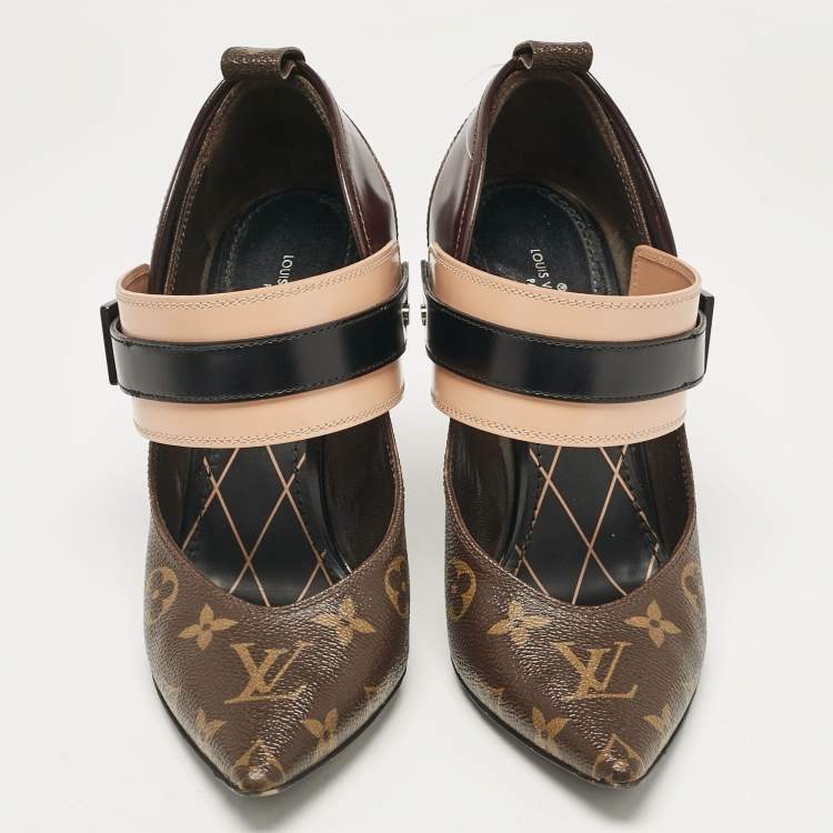 Pre Owned Louis Vuitton Brown Monogram Canvas and Leather Pointed Toe Pumps Size 38