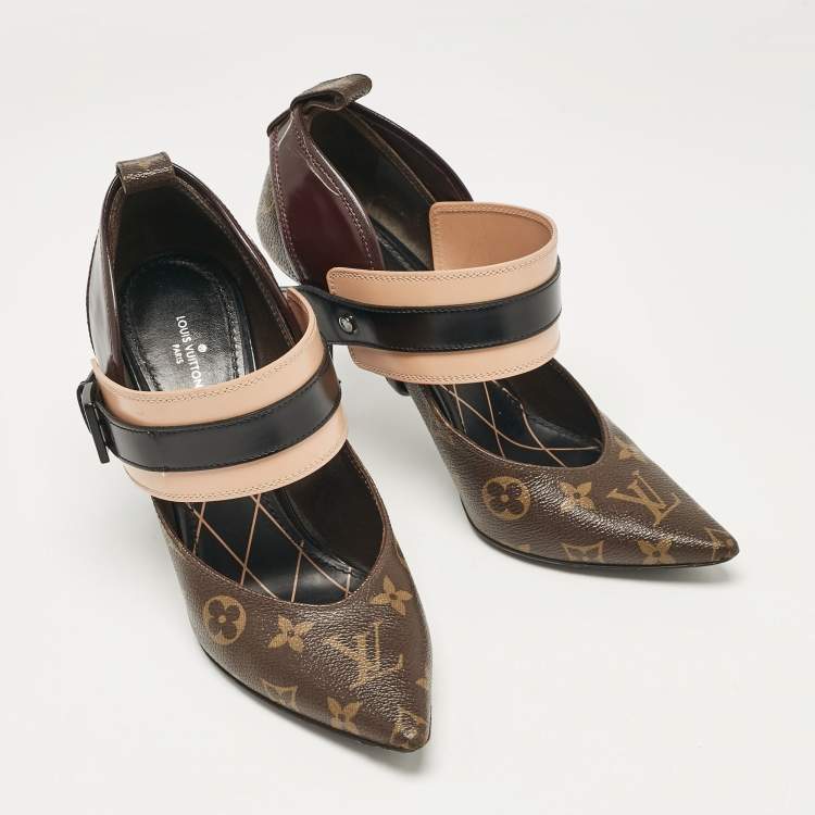 Pre Owned Louis Vuitton Brown Monogram Canvas and Leather Pointed Toe Pumps Size 38