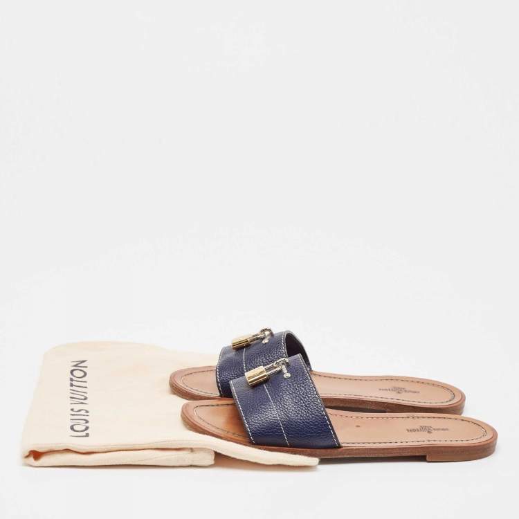 Pre Owned Louis Vuitton Navy Blue Leather Lock It Flat Sandals Size 36
