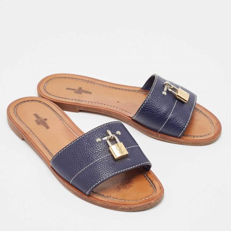 Pre Owned Louis Vuitton Navy Blue Leather Lock It Flat Sandals Size 36