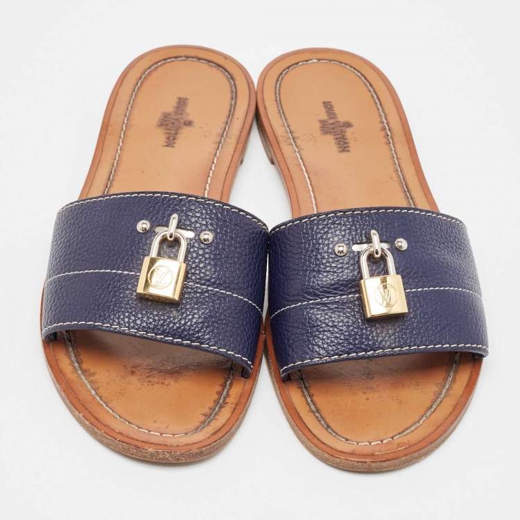 Pre Owned Louis Vuitton Navy Blue Leather Lock It Flat Sandals Size 36