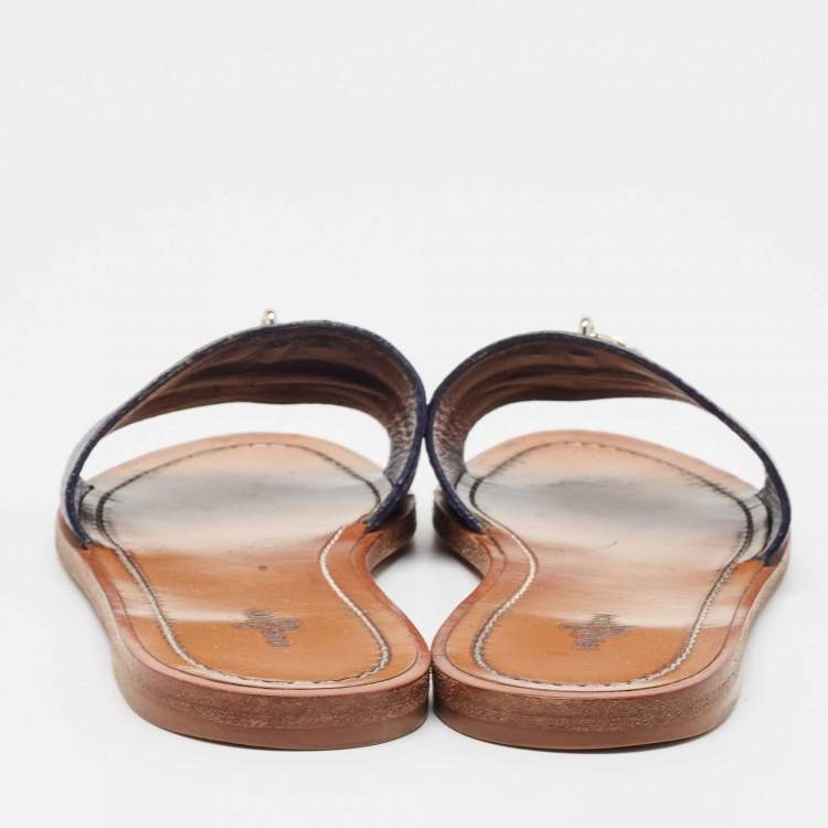 Pre Owned Louis Vuitton Navy Blue Leather Lock It Flat Sandals Size 36