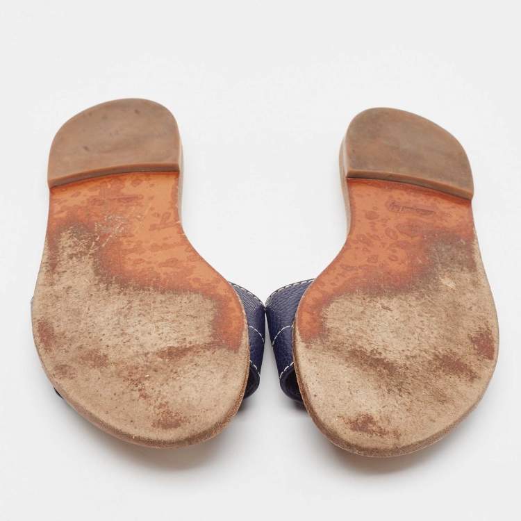 Pre Owned Louis Vuitton Navy Blue Leather Lock It Flat Sandals Size 36
