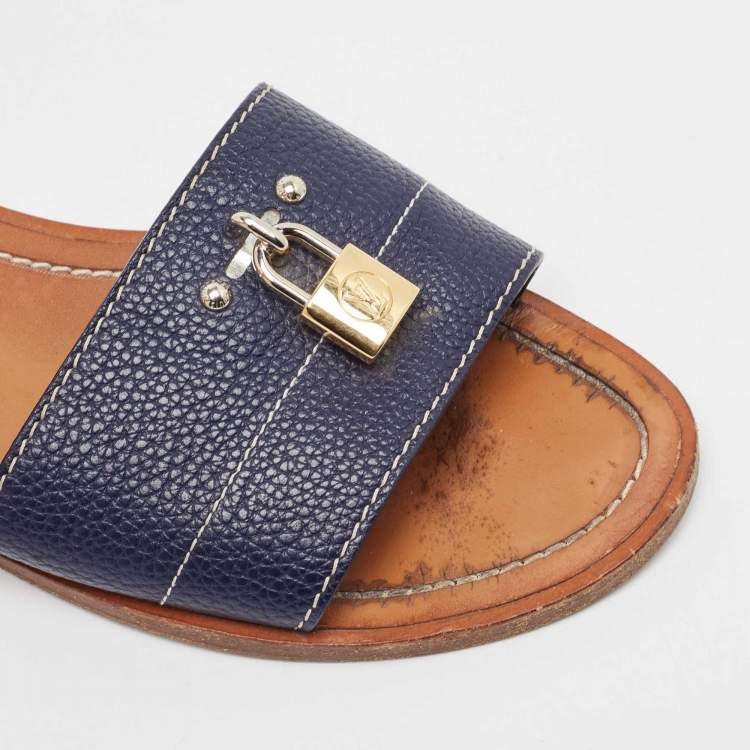 Pre Owned Louis Vuitton Navy Blue Leather Lock It Flat Sandals Size 36