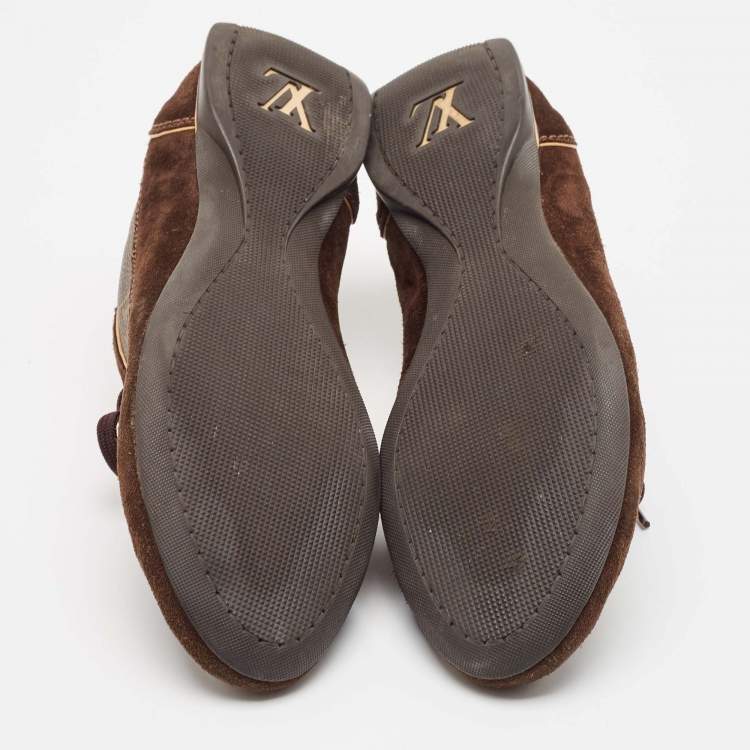 Pre Owned Louis Vuitton Brown Monogram Canvas and Suede Lace Up Sneakers Size 39