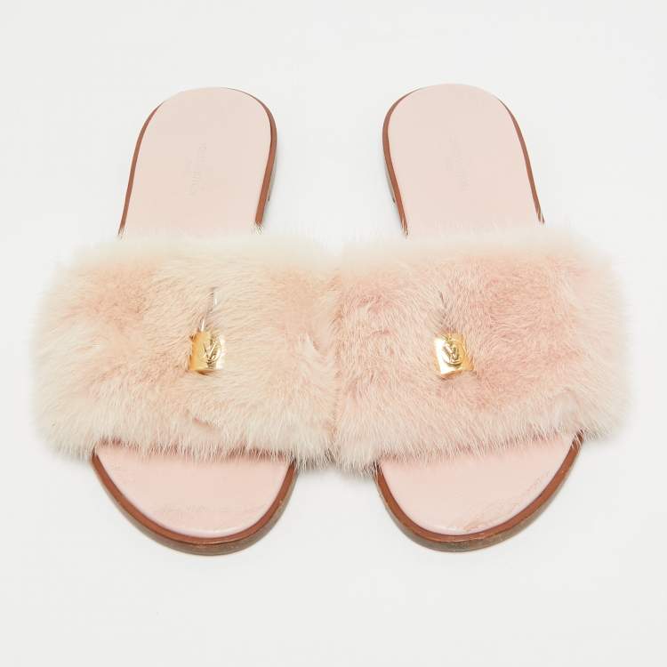 Pre Owned Louis Vuitton Pink Mink Fur Lock It Flat Slide Sandals Size 37