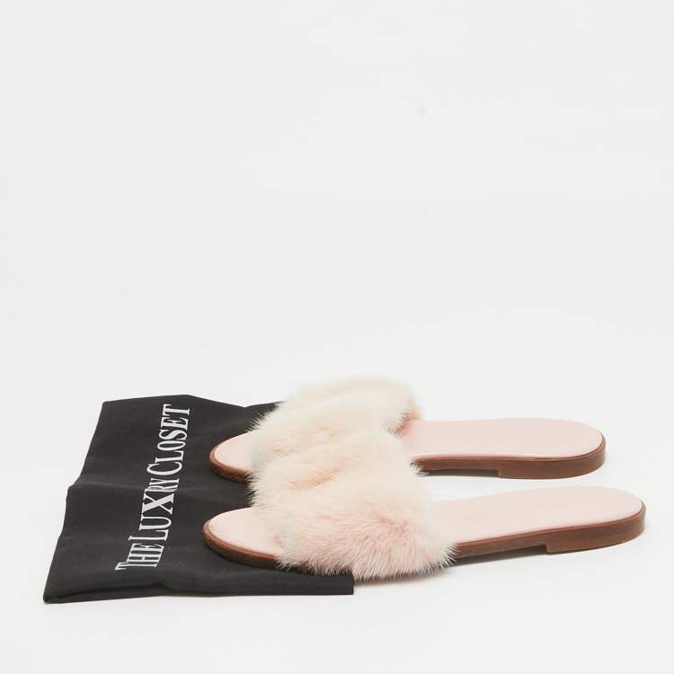 Pre Owned Louis Vuitton Pink Mink Fur Lock It Flat Slide Sandals Size 37